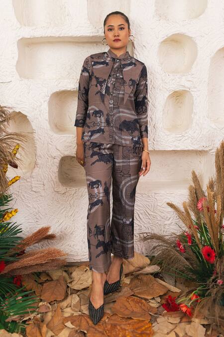 Buy_House Of Fett_Black Crepe Galloping Mare Mandarin Collar Neck Print Shirt And Pant Set _Online_at_Aza_Fashions