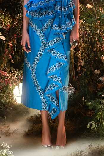 Buy_House Of Eda_Blue 100% Cotton Embroidery Brenna Peplum Top And Ruffle Skirt Set _Online_at_Aza_Fashions