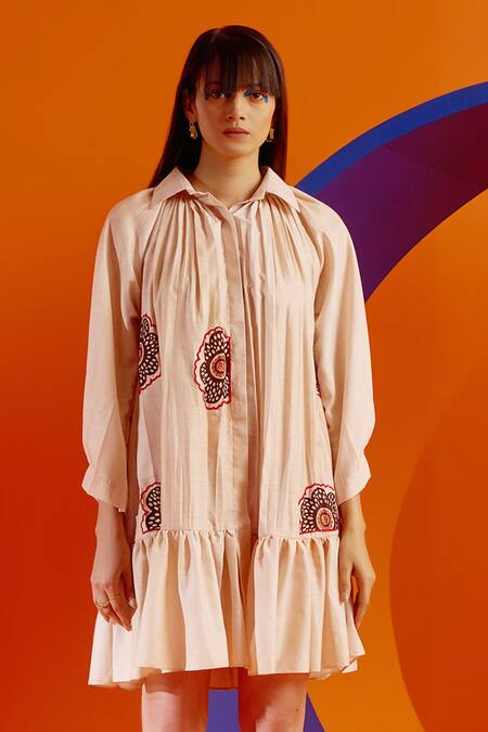 The Dramebaaz CO Ivory Cotton Embroidery Collared Pleated Shirt Dress Online at Aza Fashions The Dramebaaz CO_Ivory Cotton Embroidery Collared Pleated Shirt Dress _Online_at_Aza_Fashions