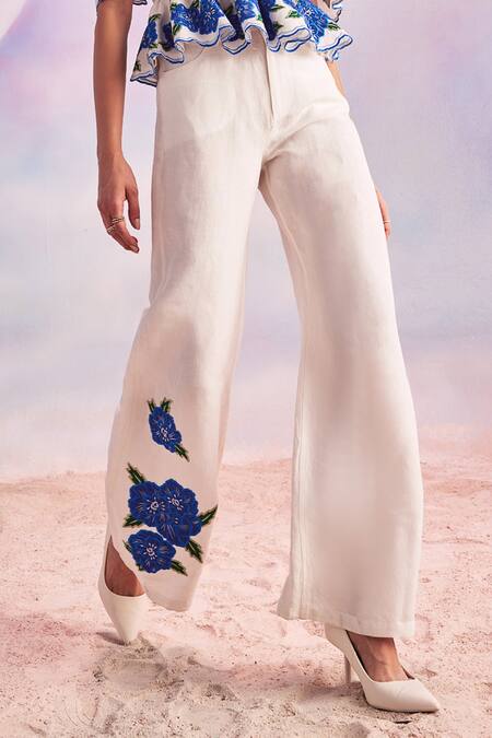 Buy_House Of Eda_Ivory Linen Embroidery Square Neck Aviette Peplum Top And Trouser Set_Online_at_Aza_Fashions