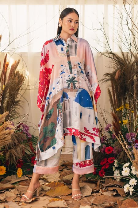 Shop_House Of Fett_Multi Color Satin City Landscape Collared Neck Oia Print Kaftan And Pant Set _Online_at_Aza_Fashions