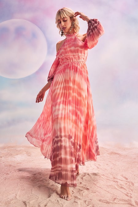 Buy_House Of Eda_Coral Polyester Ruffles High Neck Chelsea Pleated Maxi Dress_Online_at_Aza_Fashions