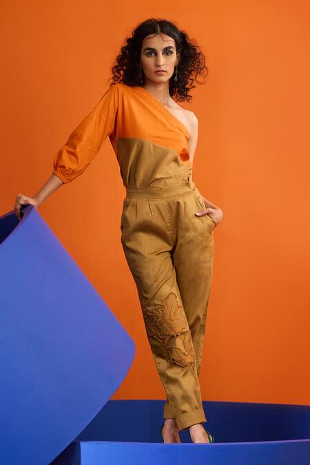 Buy The Dramebaaz CO Orange Cotton Patchwork Asymmetric Earth Colorblock Top And Pant Set Online at Aza Fashions Buy_The Dramebaaz CO_Orange Cotton Patchwork Asymmetric Earth Colorblock Top And Pant Set _Online_at_Aza_Fashions