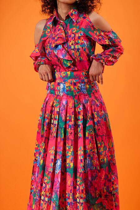 The Dramebaaz CO_Pink Beads Collared Aster Print Shirt And Skirt Set _Online_at_Aza_Fashions