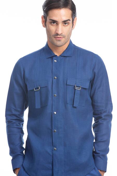 Buy Blue Linen Plain Double Flap Pocket Shirt For Men by Rohit Gandhi +  Rahul Khanna Online at Aza Fashions.