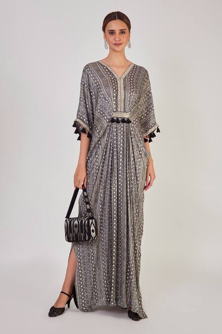 Onaya_Black Satin Geometric Pattern V Neck Print Kaftan_at_Aza_Fashions