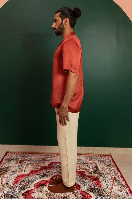 Artless Orange Linen Satin Solid Flame Half Sleeved Shirt Online at Aza Fashions Artless_Orange Linen Satin Solid Flame Half Sleeved Shirt_Online_at_Aza_Fashions