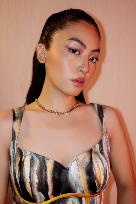 Buy Joskai Studio Black Satin Piping Sweetheart Neck Digital Printed Midi Dress Online at Aza Fashions Buy_Joskai Studio_Black Satin Piping Sweetheart Neck Digital Printed Midi Dress_Online_at_Aza_Fashions