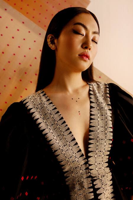 Joskai Studio_Black Silk Tassels, Embroidery V-neck Mulberry Handwoven Coat Dress_Online_at_Aza_Fashions