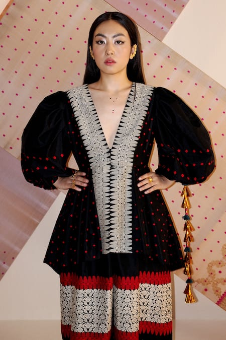 Buy_Joskai Studio_Black Silk Tassels, Embroidery V-neck Mulberry Handwoven Coat Dress_Online_at_Aza_Fashions