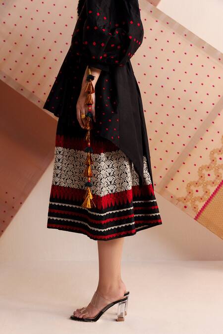 Shop_Joskai Studio_Black Silk Tassels, Embroidery V-neck Mulberry Handwoven Coat Dress_Online_at_Aza_Fashions