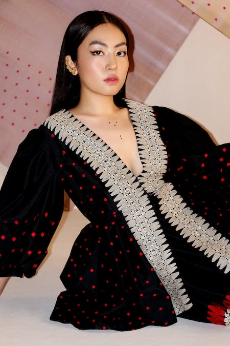 Joskai Studio_Black Silk Tassels, Embroidery V-neck Mulberry Handwoven Coat Dress_at_Aza_Fashions