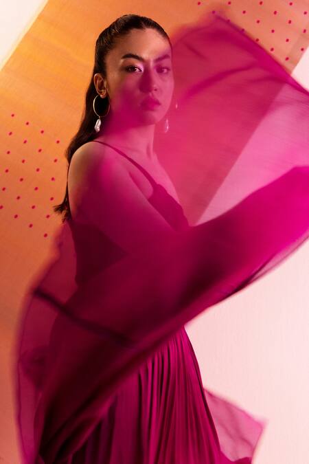 Joskai Studio_Wine Chiffon Plain One Shoulder Draped Gown_Online_at_Aza_Fashions