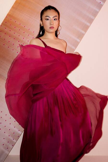 Buy_Joskai Studio_Wine Chiffon Plain One Shoulder Draped Gown_Online_at_Aza_Fashions