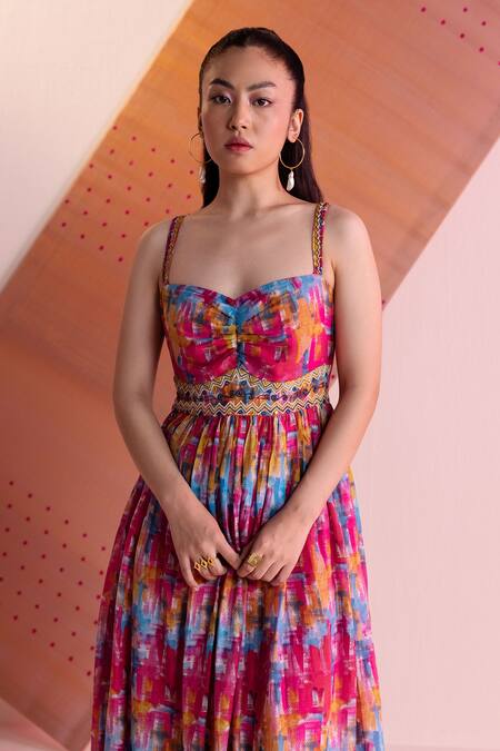 Joskai Studio_Multi Color Cotton Silk Printed Brushstroke Sweetheart Neck Gown_Online_at_Aza_Fashions