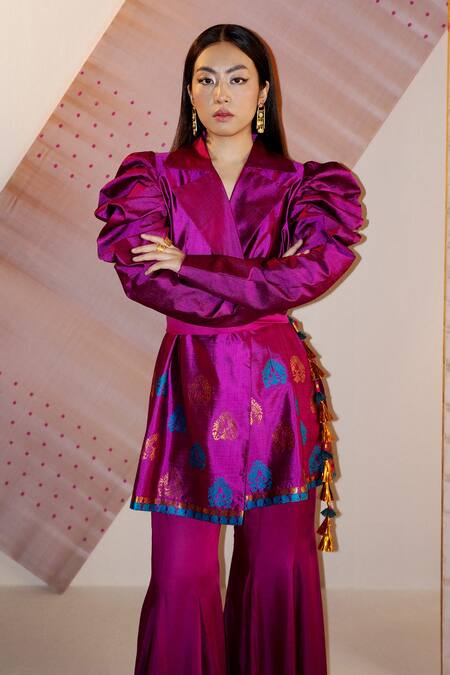 Joskai Studio_Pink Silk Embroidery, Zari Collared Handwoven Jacket Kurta With Sharara_Online_at_Aza_Fashions