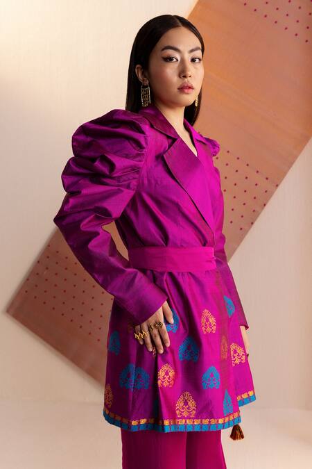 Shop_Joskai Studio_Pink Silk Zari, Embroidery Collared Mulberry Handwoven Kurta_Online_at_Aza_Fashions