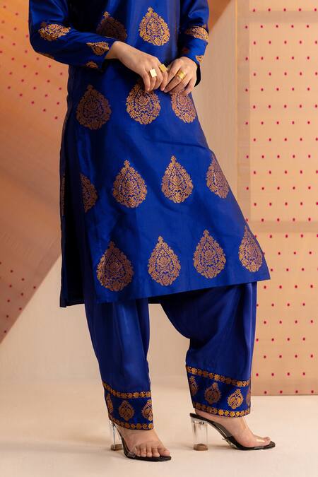 Joskai Studio Blue Silk, Satin Zari, Embroidery Mandarin Handwoven Floral Kurta And Salwar Set Online at Aza Fashions Joskai Studio_Blue Silk, Satin Zari, Embroidery Mandarin Handwoven Floral Kurta And Salwar Set_Online_at_Aza_Fashions