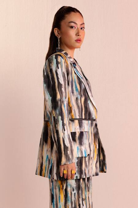 Shop_Joskai Studio_Multi Color Satin Printed Digital Notched Lapel Two-way Blazer And Pant Set_Online_at_Aza_Fashions