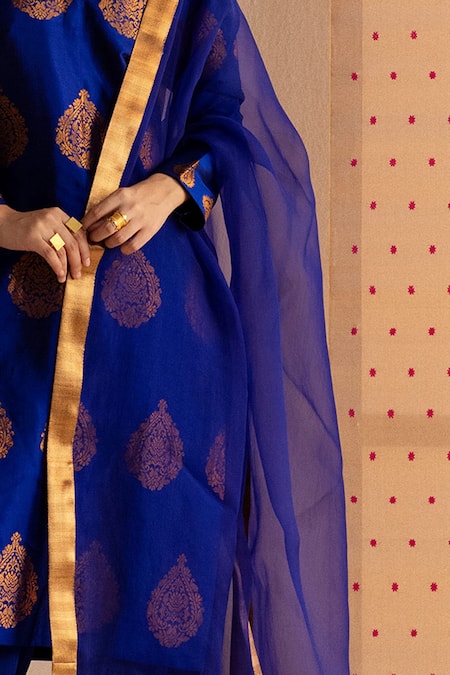 Joskai Studio_Blue , Satin, Organza Zari, Embroidery Mandarin Handwoven Kurta Set_at_Aza_Fashions
