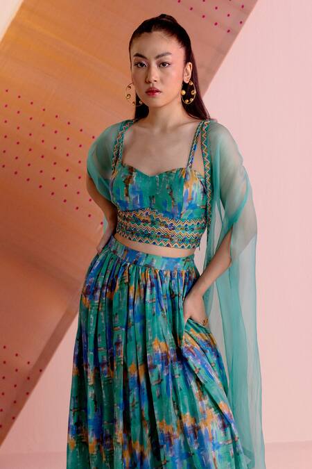 Joskai Studio Blue Cotton Silk Printed Brush Stroke Sweetheart Neck Cape Crop Top Skirt Set Online at Aza Fashions Joskai Studio_Blue Cotton Silk Printed Brush Stroke Sweetheart Neck Cape Crop Top Skirt Set_Online_at_Aza_Fashions