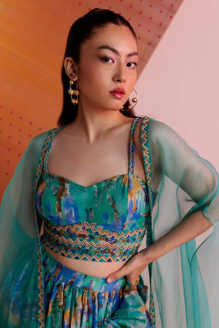 Buy_Joskai Studio_Blue Cotton Silk Printed Brush Stroke Sweetheart Neck Cape Crop Top Skirt Set_Online_at_Aza_Fashions