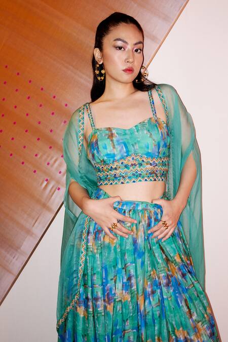 Buy Joskai Studio Blue Cotton Silk Printed Abstract Sweetheart Neck Crop Top And Skirt Set Online at Aza Fashions Buy_Joskai Studio_Blue Cotton Silk Printed Abstract Sweetheart Neck Crop Top And Skirt Set_Online_at_Aza_Fashions