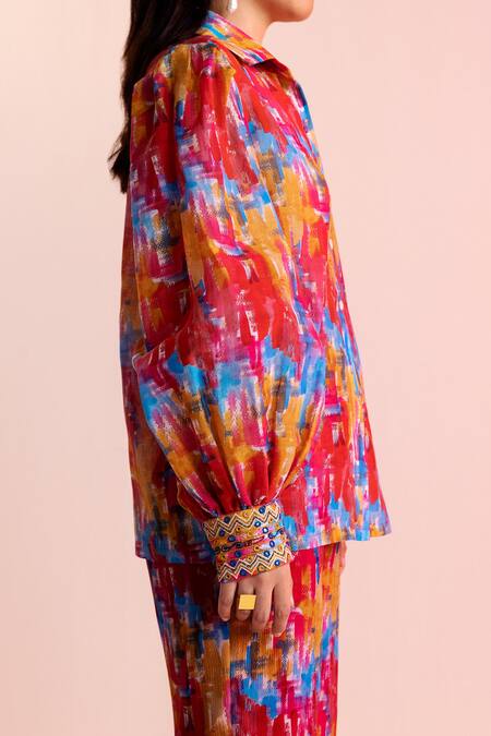 Joskai Studio_Multi Color Cotton, Silk Mirrors, Embroidery Collared Brush Stroke Print Shirt_Online_at_Aza_Fashions