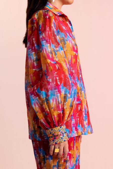 Joskai Studio_Multi Color Cotton Silk Printed Brush Stroke Collared Neck Shirt And Pant Set_Online_at_Aza_Fashions