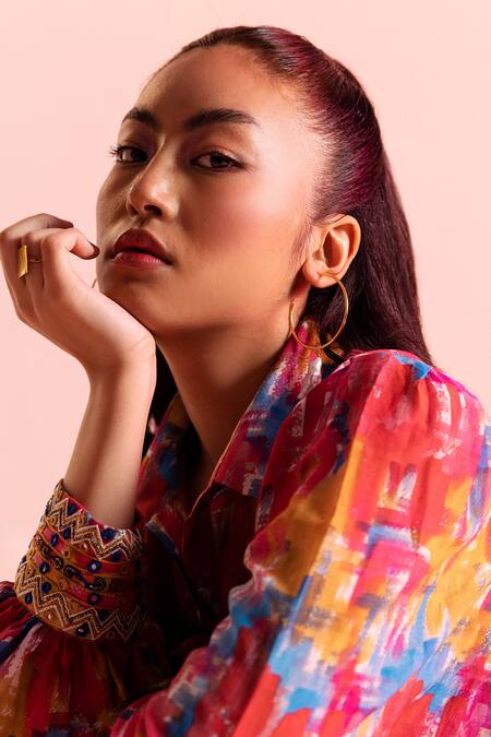 Buy_Joskai Studio_Multi Color Cotton Silk Printed Brush Stroke Collared Neck Shirt And Pant Set_Online_at_Aza_Fashions