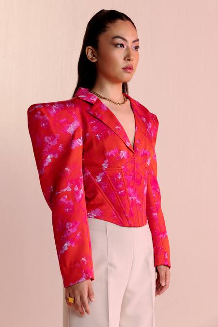 Joskai Studio_Red Modal, Satin Collared Digital Print Blazer Style Top_Online_at_Aza_Fashions