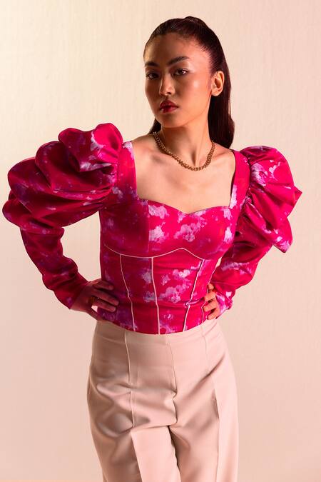 Joskai Studio_Pink Satin Sweetheart Neck Printed Top_Online_at_Aza_Fashions