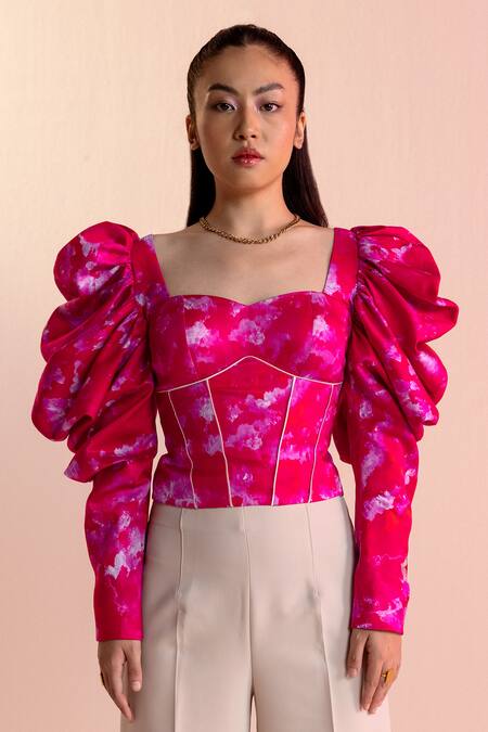 Buy_Joskai Studio_Pink Satin Sweetheart Neck Printed Top_Online_at_Aza_Fashions