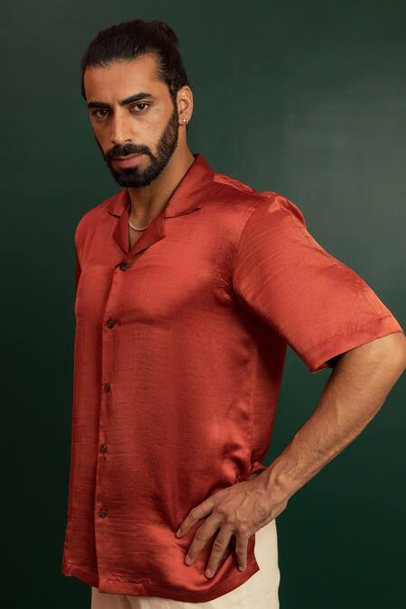 Buy Artless Orange Linen Satin Solid Flame Half Sleeved Shirt Online at Aza Fashions Buy_Artless_Orange Linen Satin Solid Flame Half Sleeved Shirt_Online_at_Aza_Fashions