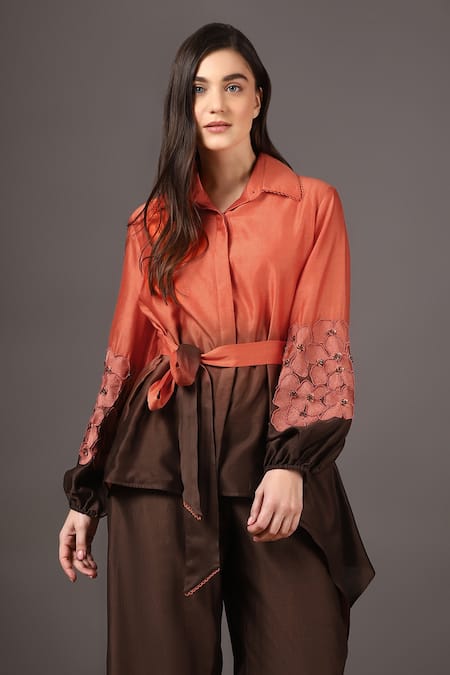 Sakshi Khetterpal Brown Chanderi Silk Embroidery Shawl Neck Ombre Shirt And Bell Bottom Pant Set Online at Aza Fashions Sakshi Khetterpal_Brown Chanderi Silk Embroidery Shawl Neck Ombre Shirt And Bell Bottom Pant Set _Online_at_Aza_Fashions
