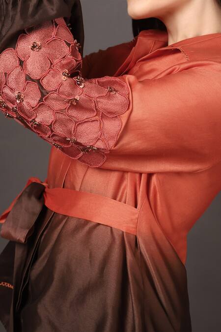 Shop Sakshi Khetterpal Brown Chanderi Silk Embroidery Shawl Neck Ombre Shirt And Bell Bottom Pant Set Online at Aza Fashions Shop_Sakshi Khetterpal_Brown Chanderi Silk Embroidery Shawl Neck Ombre Shirt And Bell Bottom Pant Set _Online_at_Aza_Fashions