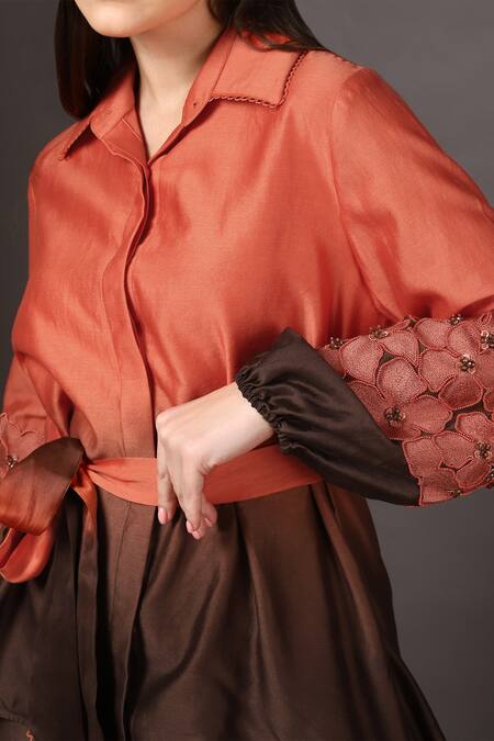 Sakshi Khetterpal Brown Chanderi Silk Embroidery Shawl Neck Ombre Shirt And Bell Bottom Pant Set at Aza Fashions Sakshi Khetterpal_Brown Chanderi Silk Embroidery Shawl Neck Ombre Shirt And Bell Bottom Pant Set _at_Aza_Fashions