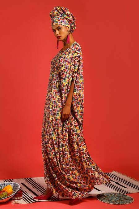 Buy_Label Shristi Chetani_Multi Color Natural Crepe Digital Round Print Draped Dress _Online_at_Aza_Fashions