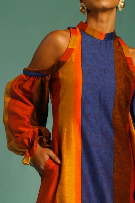 Label Shristi Chetani_Multi Color Chanderi Stripes Halter Dress _Online_at_Aza_Fashions
