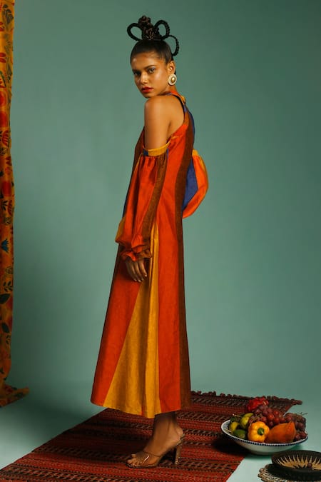 Buy_Label Shristi Chetani_Multi Color Chanderi Stripes Halter Dress _Online_at_Aza_Fashions