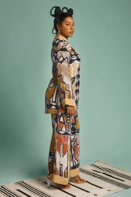 Shop_Label Shristi Chetani_Multi Color Natural Crepe Digital Spread Collar Printed Shirt And Pant Set_Online_at_Aza_Fashions