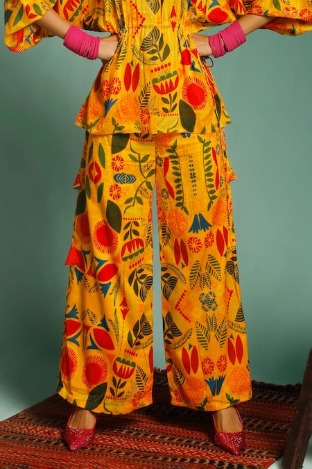 Label Shristi Chetani_Yellow Chanderi Floral Round Print Top And Pant Set _Online_at_Aza_Fashions