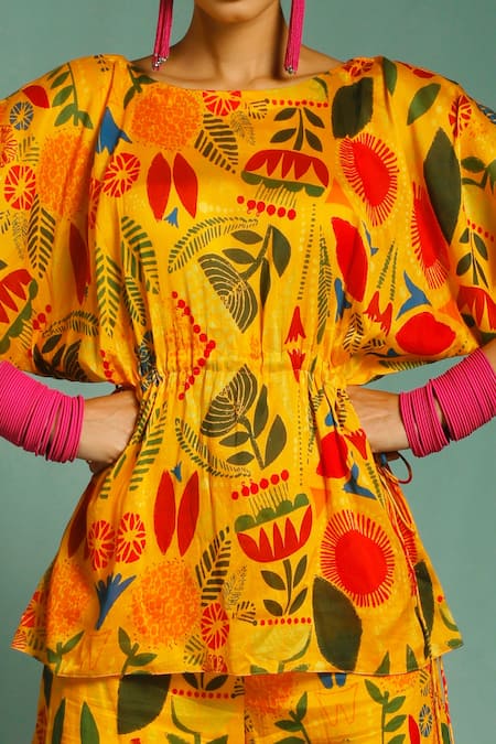 Buy_Label Shristi Chetani_Yellow Chanderi Floral Round Print Top And Pant Set _Online_at_Aza_Fashions