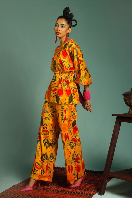 Shop_Label Shristi Chetani_Yellow Chanderi Floral Round Print Top And Pant Set _Online_at_Aza_Fashions