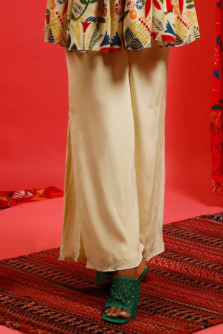 Label Shristi Chetani_Yellow Natural Crepe Floral V Neck Printed Angrakha Kurta And Pant Set _Online_at_Aza_Fashions