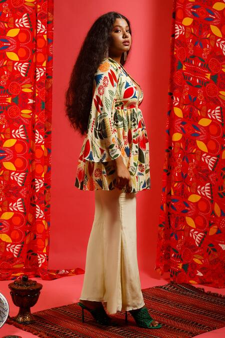Shop_Label Shristi Chetani_Yellow Natural Crepe Floral V Neck Printed Angrakha Kurta And Pant Set _Online_at_Aza_Fashions