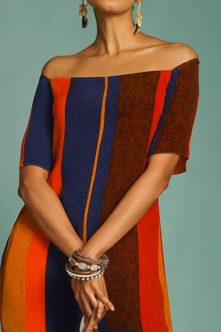 Label Shristi Chetani_Multi Color Natural Crepe Stripes One Shoulder Jumpsuit_Online_at_Aza_Fashions