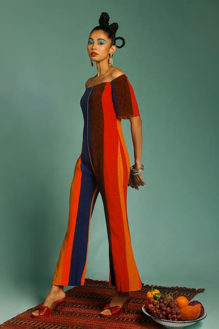 Buy_Label Shristi Chetani_Multi Color Natural Crepe Stripes One Shoulder Jumpsuit_Online_at_Aza_Fashions