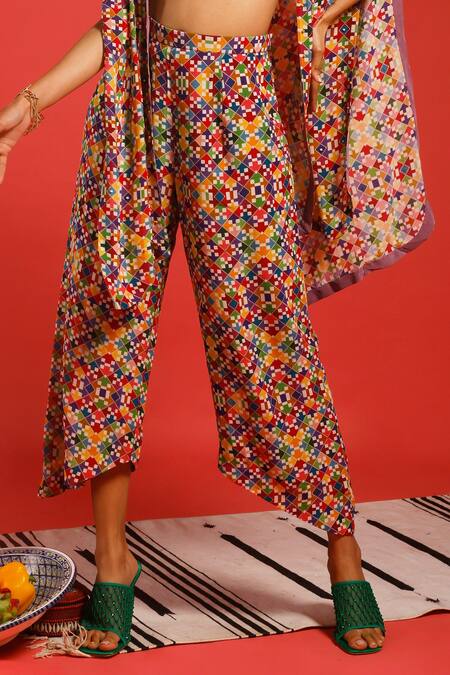 Label Shristi Chetani_Multi Color Natural Crepe Digital Halter Print Cape With Pant Set _Online_at_Aza_Fashions
