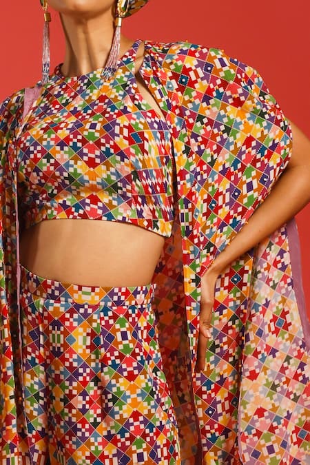 Buy_Label Shristi Chetani_Multi Color Natural Crepe Digital Halter Print Cape With Pant Set _Online_at_Aza_Fashions